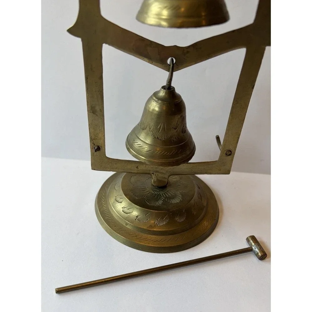 Vintage Brass Bell Tree 3 Etched Bells Stand Striker India Meditation Boho